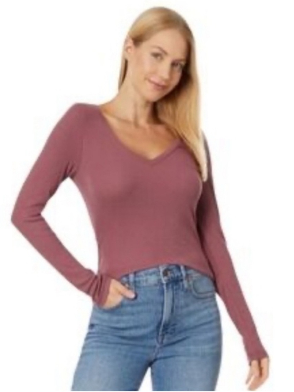 Madewell Brightside Finerib V-Neck Long-Sleeve Tee In Pressed Grape Size XS NWT